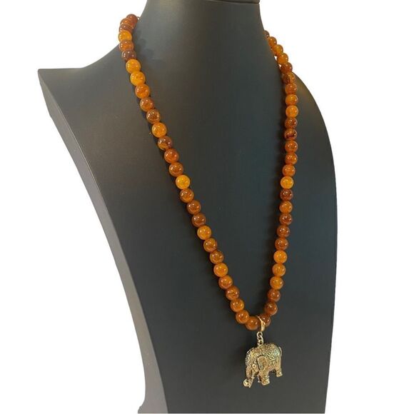 Sarah Coventry Brass Elephant & Amber Beaded Vintage Necklace - Picture 2 of 5
